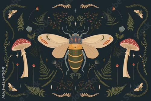 Forest poster, fly agaric, beetle, fern, on a dark background.