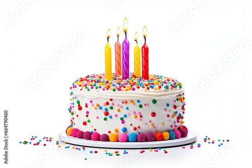Colourful birthday cake with candles isolated on white background.