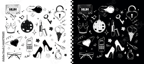 A set of retro elements hand-drawn on white and black backgrounds. The concept of beauty and femininity.