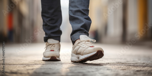 Close up view of man in sneakers that is walking on a street photo