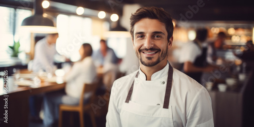 Portrait of handsome young Italian chef that is standing indoors in uniform