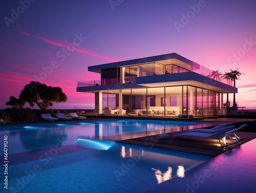Modern luxury home at sunset night with a 3D swimming pool generative ai © tanjidvect