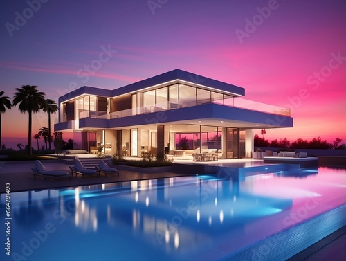 Modern luxury home at sunset night with a 3D swimming pool generative ai © tanjidvect