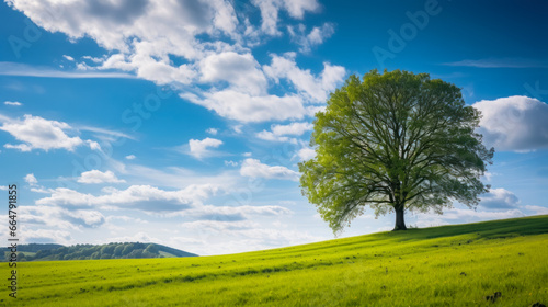 Landscape of a green spring meadow with a large tree with a green crown, a beautiful blue sky with clouds, space for your text. Composition of the natural landscape, solitude and loneliness of life
