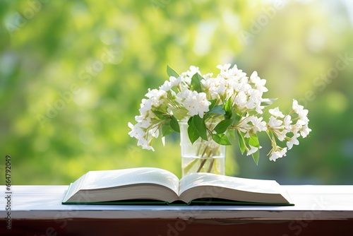 Jasmine flowers in a vase and open book on the table, green natural background. © Mehdi