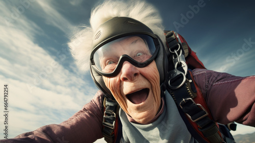 Crazy old woman is practicing sky diving