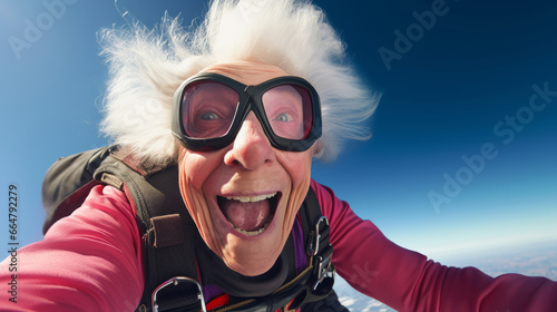 Crazy old woman is practicing sky diving