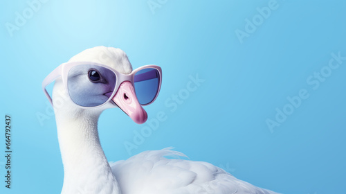 Fototapeta Naklejka Na Ścianę i Meble -  White swan bird in sunglasses. Creative animal concept