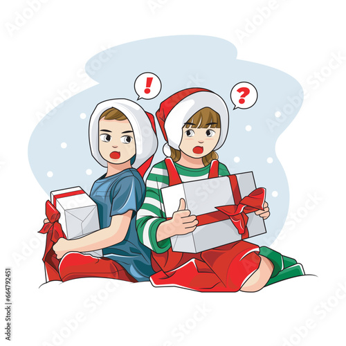 Pleasant surprise concept illustration. Happy little children holding gift boxes for christmas. Vector illustration