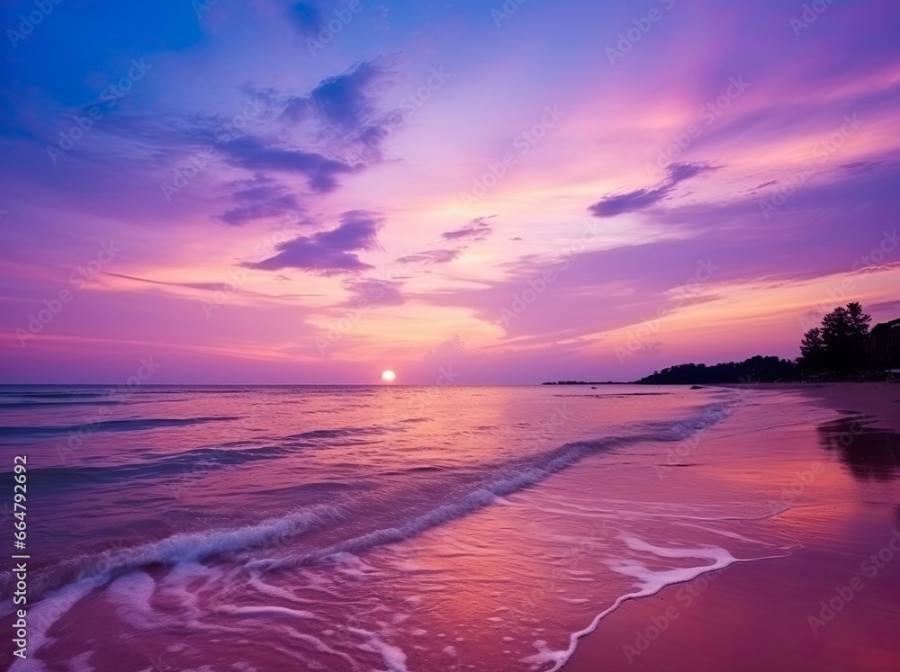 Summer beach with blue water and purple sky at the sunset.