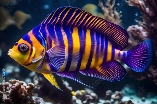 Create an elegant picture of a royal gramma fish with its striking purple and yellow hues 