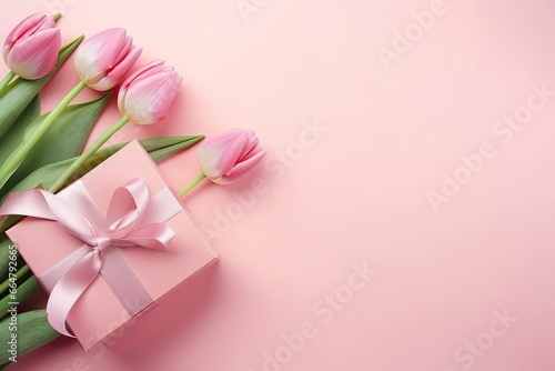 Mother's Day concept. Pink gift box with ribbon bow and a bouquet of tulips. © Mehdi