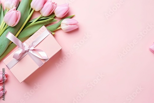 Mother's Day concept. Pink gift box with ribbon bow and a bouquet of tulips. © Mehdi