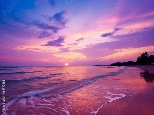Summer beach with blue water and purple sky at the sunset. © Mehdi
