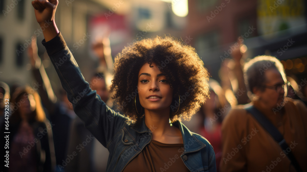 Black woman marching in protest with a group of people