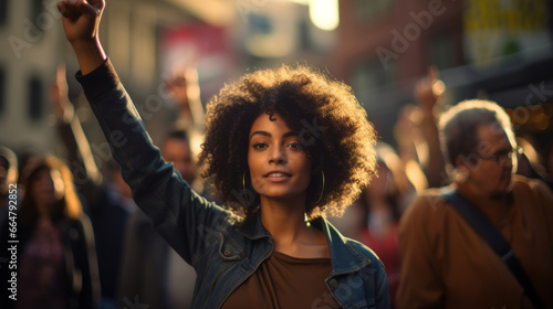 Black woman marching in protest with a group of people © standret