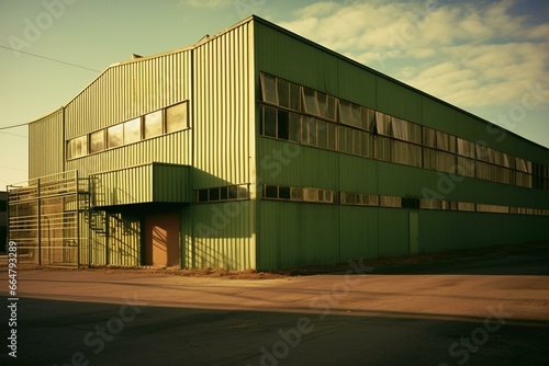 Industrial building with green and brown colors. Keywords: warehouse, generic, green, brown, industrial, building. Generative AI