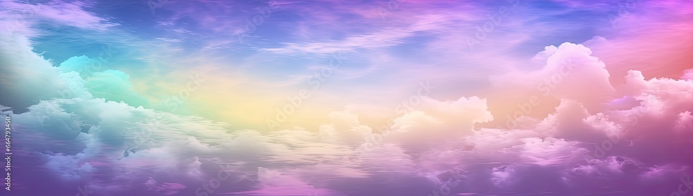 Rainbow sky with fluffy clouds. Multicolored toned sky.