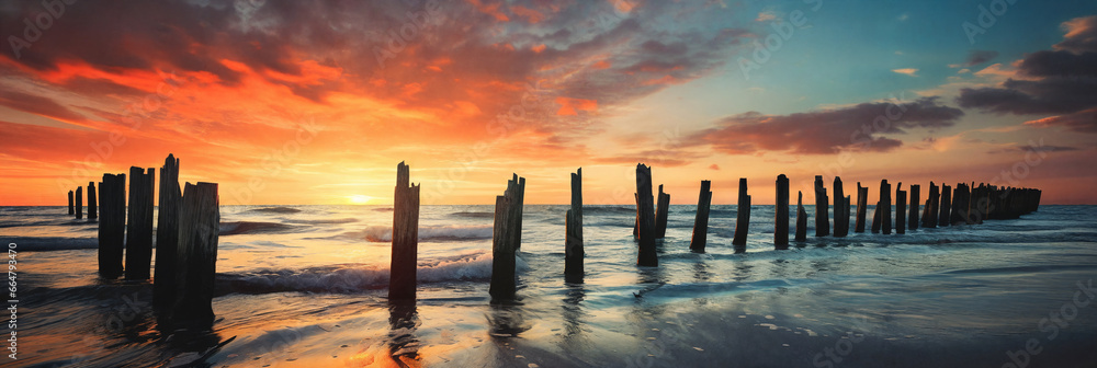 A tranquil scene of a broken wooden jetty stretching out into the golden sea - obrazy, fototapety, plakaty 