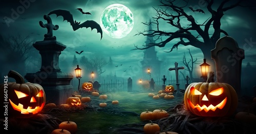 Pumpkins In Graveyard In The Spooky Night, Halloween Backdrop.