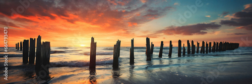 A tranquil scene of a broken wooden jetty stretching out into the golden sea photo