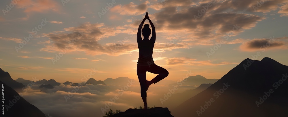 silhouette of a woman practicing yoga in the summit with mountain Background.