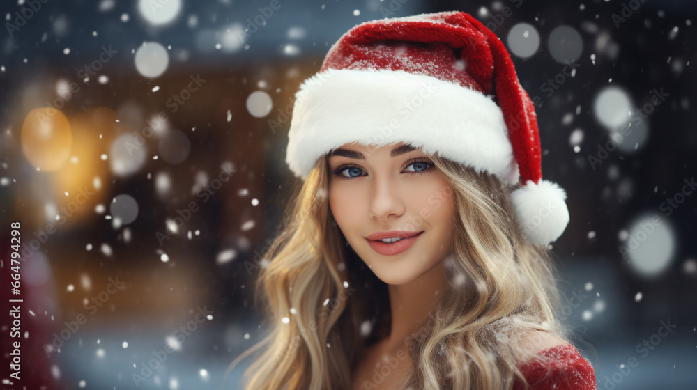 A young woman dresses in a Christmas costume for the Christmas festival.
A young woman dresses in a Christmas costume for the Christmas festival.
