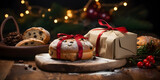 Free photo traditional christmas panettone and christmas ornament on wooden table  
Chocotone, panettone with chocolate chips, photo as the product is in reality, selective focus  AI Generated