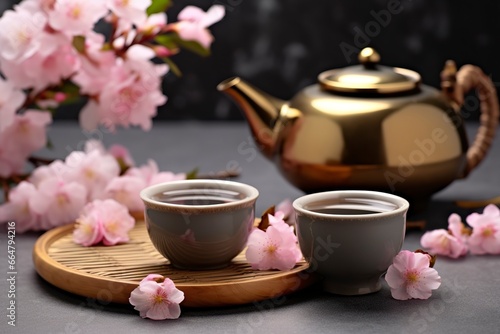 Traditional ceremony. Cups of brewed tea, teapot and sakura flowers on grey table.