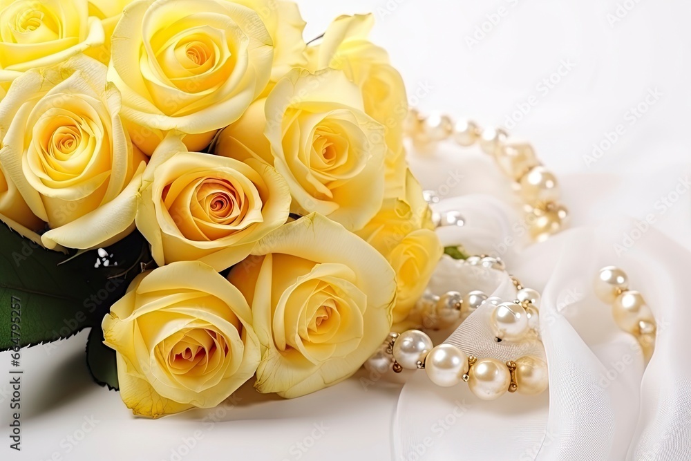 Yellow roses bouquet and pearls,in white background. Yellow roses bouquet and pearls,in white background.