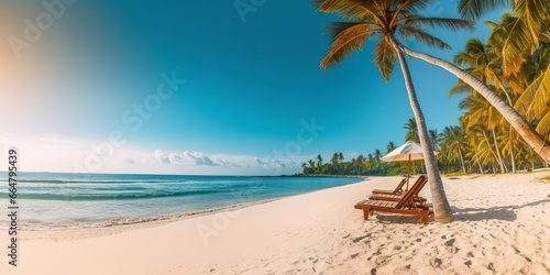 White sand and coconut plant travel tourism wide panorama background concept. © Mehdi