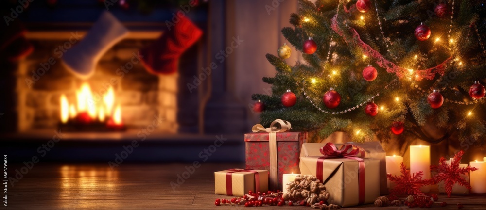 Christmas Home Room, Gift Box Below Tree With Lights And Fireplace. Christmas Home Room, Gift Box Below Tree With Lights And Fireplace.