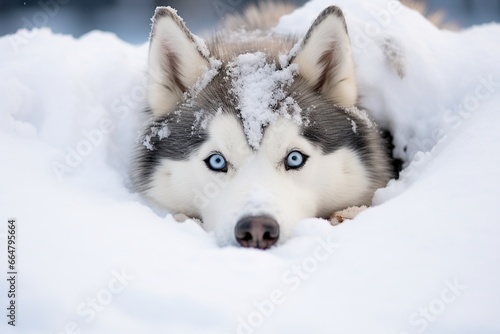 Siberian husky dog is lying in the snow in winter. photo