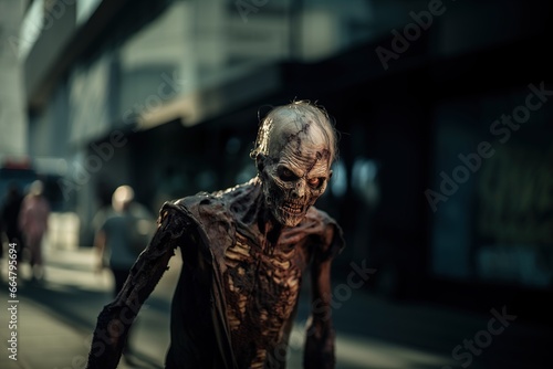 Zombie walking in the city street. Halloween. Horror film.