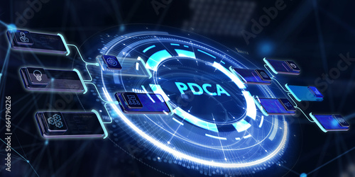 PDCA Plan Do Act Check Business technology concept. Technology, Internet and network concept. 3d illustration