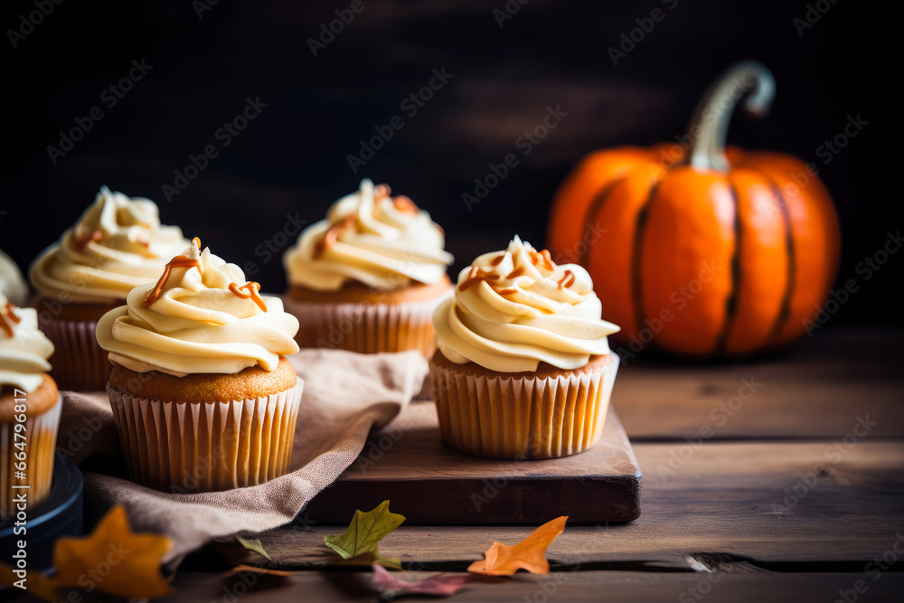 Delicious pumpkin cupcake with buttercream on dark background. Delicious pumpkin cupcake with buttercream on dark background.