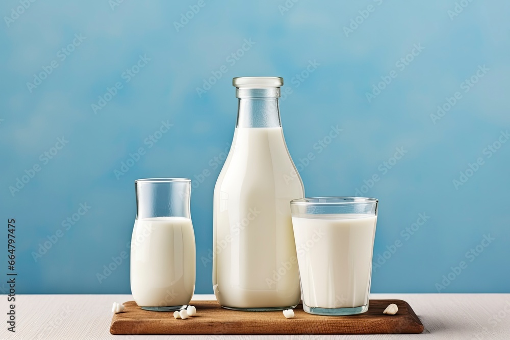 A bottle of milk and a glass of milk on a wooden table on a blue background. A bottle of milk and a glass of milk on a wooden table on a blue background.