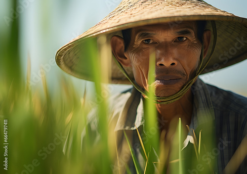 Thai male farmer harvesting rice in field in Thailand. Generative AI © Marshmallow