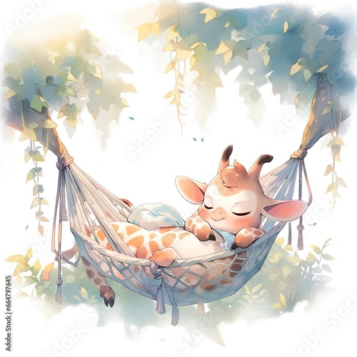 A sleepy baby giraffe in a hammock. watercolor illustration.