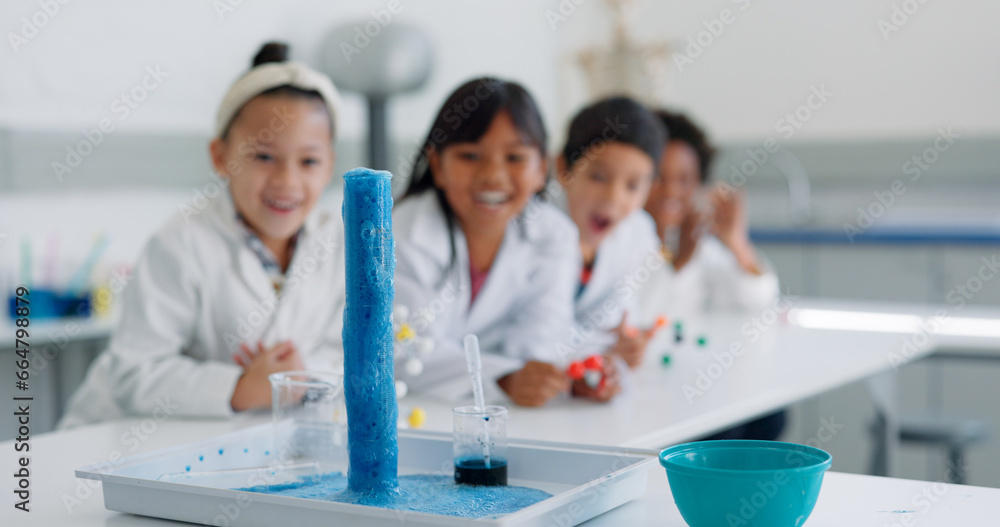 Experiment, science class and reaction with chemical and classroom ...