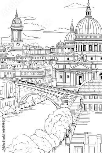 Italy Rome cityscape black and white coloring page book for adults. Lazio region megapolis skyline, buildings, street, landmarks vector outline sketch for anti stress