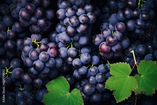 Flat lay background of vines, lots of organic blue dark grapes.