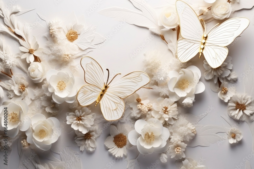 Fototapeta premium Goden butterflies with white flowers.