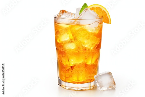 A glass of orange soda water with ice cubes on white background.