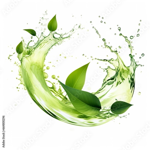 Green herbal tea wave splash with leaves flow.