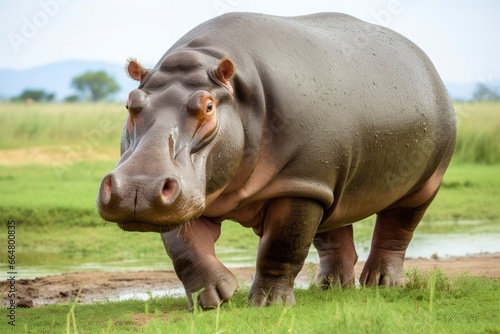 Hippopotamus Walking in a green field. © Mehdi
