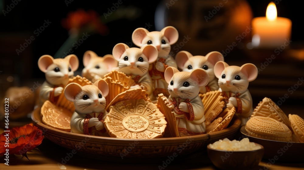 Flat Lay Dumplings Rat Figurine Chinese New Year, Happy New Year Background, Hd Background