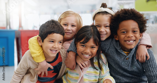 Fotografie Portrait, group and kids with smile at school for education, learning and knowledge with hug