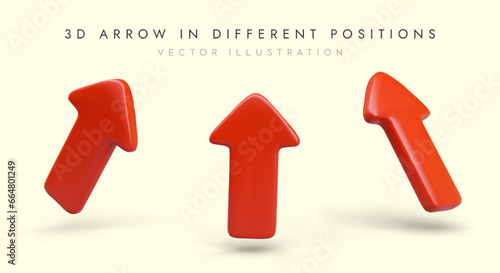 Big red arrow in different positions. Set of illustrations in plasticine style. 3D image to attract attention. Graphic selection of main thing in advertising design