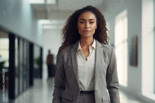 A beautiful African American woman in a simple business suit, standing in an empty office. © photolas